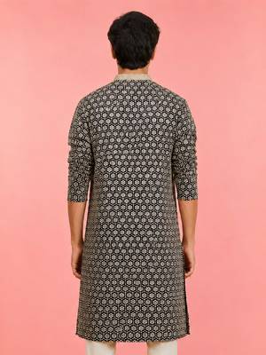 Boy's black rayon embroidered knee length kurta 4
