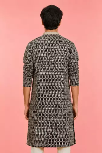 Boy's black rayon embroidered knee length kurta