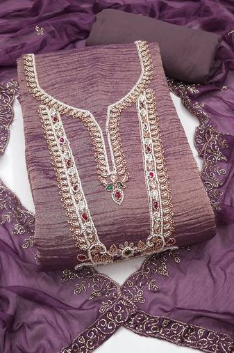 lavender unstitched thread work beads work with embroidered dupatta viscose salsa dress material
