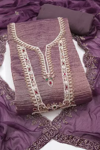 lavender unstitched thread work beads work with embroidered dupatta viscose salsa dress material