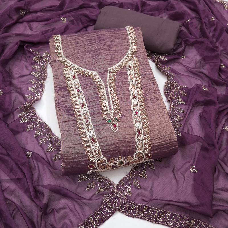 lavender unstitched thread work beads work with embroidered dupatta viscose salsa dress material