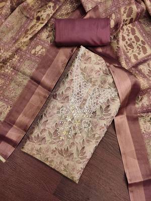 multi unstitched shimmer print handwork with printed dupatta linen dress material 4
