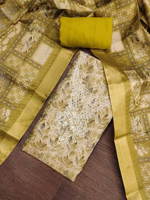 multi unstitched shimmer print handwork with printed dupatta linen dress material 4