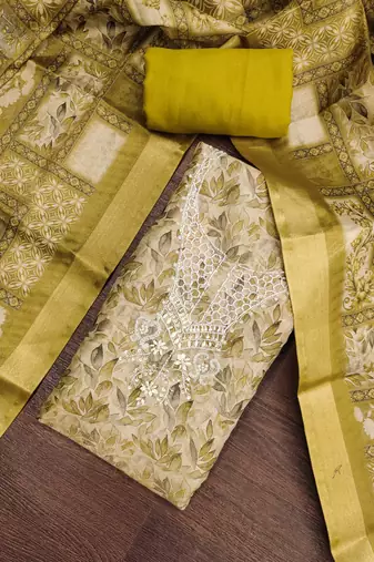 multi unstitched shimmer print handwork with printed dupatta linen dress material
