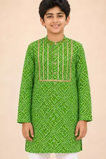 Boy's green cotton digital print knee length kurta