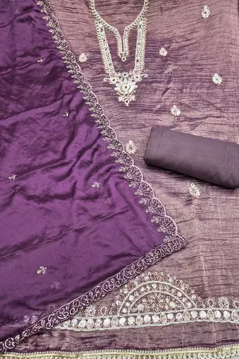 lavender unstitched thread work beads work with embroidered dupatta viscose salsa dress material