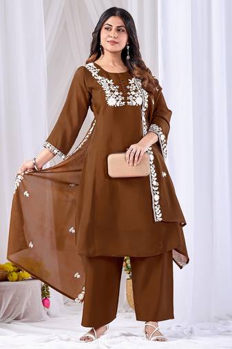 Brown embroidery mul cotton kurta with plazzo and duptta set