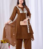 Brown embroidery mul cotton kurta with plazzo and duptta set