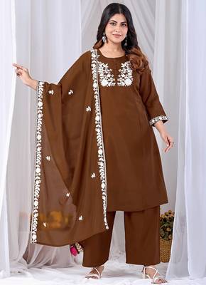 Brown embroidery mul cotton kurta with plazzo and duptta set 2