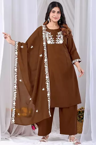 Brown embroidery mul cotton kurta with plazzo and duptta set