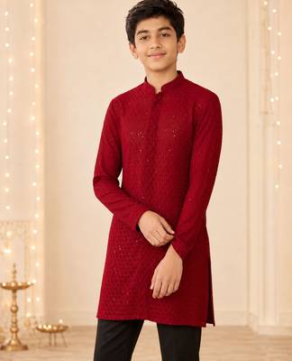 Boy's maroon georgette embroidered thaigh length kurta 1