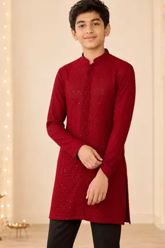 Boy's maroon georgette embroidered thaigh length kurta