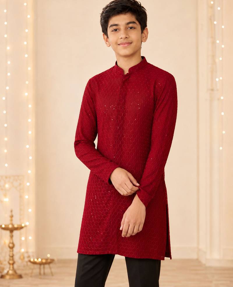 Boy's maroon georgette embroidered thaigh length kurta