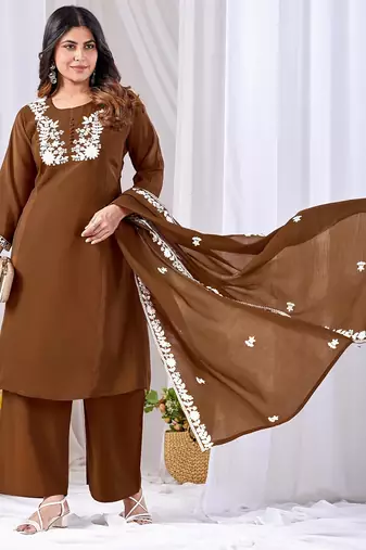 Brown embroidery mul cotton kurta with plazzo and duptta set