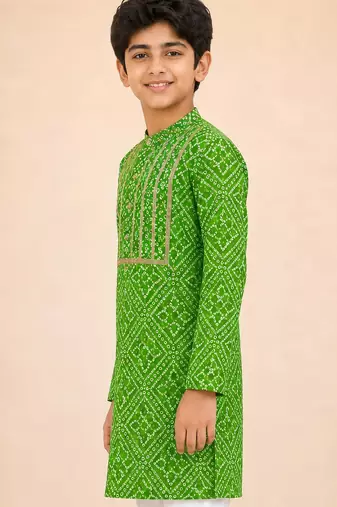 Boy's green cotton digital print knee length kurta