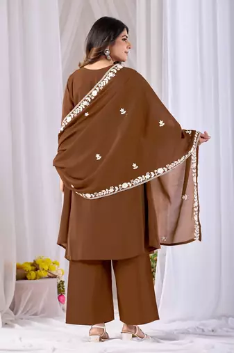 Brown embroidery mul cotton kurta with plazzo and duptta set