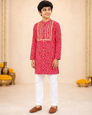 Boy's red cotton digital print knee length kurta 5