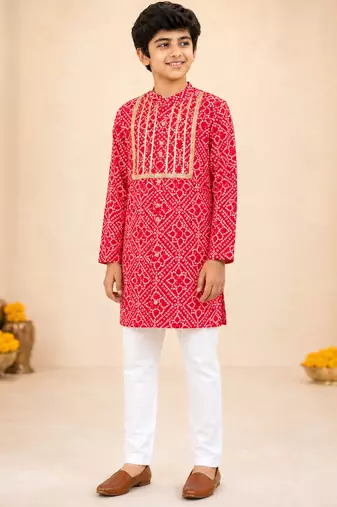 Boy's red cotton digital print knee length kurta