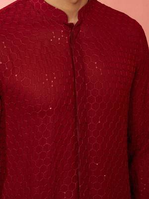Boy's maroon georgette embroidered thaigh length kurta 2