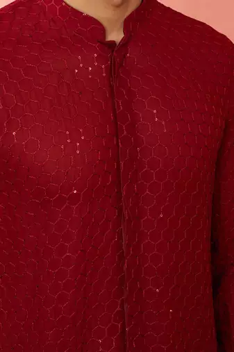 Boy's maroon georgette embroidered thaigh length kurta