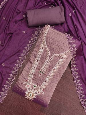 lavender unstitched thread work beads work with embroidered dupatta viscose salsa dress material 4