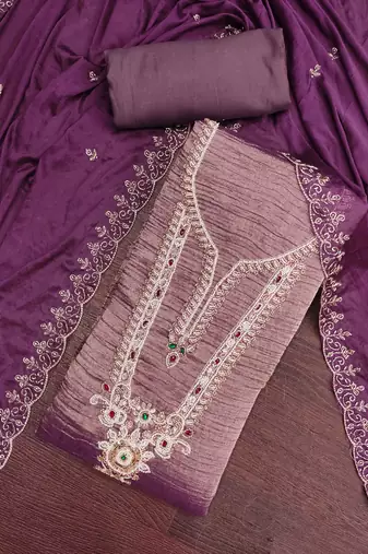 lavender unstitched thread work beads work with embroidered dupatta viscose salsa dress material