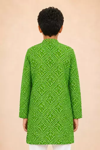 Boy's green cotton digital print knee length kurta