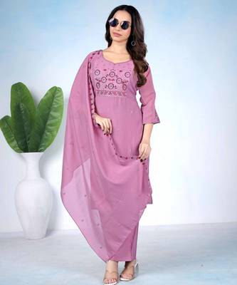 Lavender embroidery mul cotton kurta with pant and duptta set 1