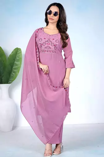 Lavender embroidery mul cotton kurta with pant and duptta set