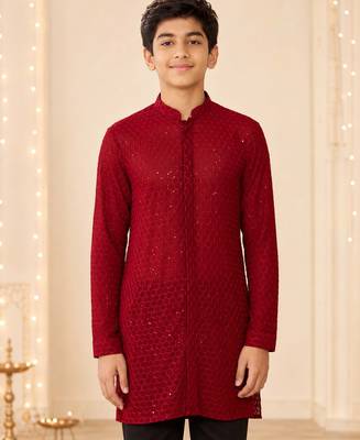 Boy's maroon georgette embroidered thaigh length kurta 3
