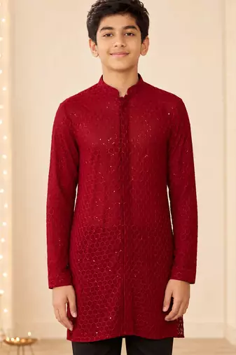 Boy's maroon georgette embroidered thaigh length kurta