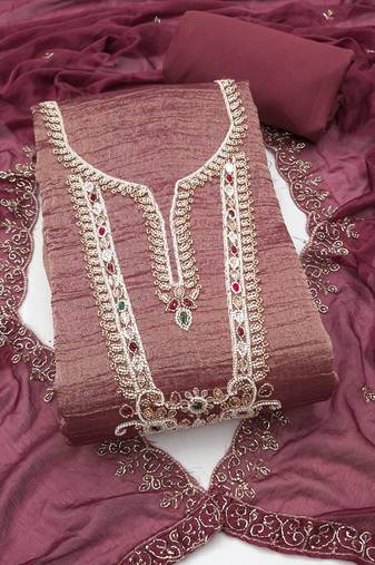 dusty rose unstitched thread work beads work with embroidered dupatta viscose salsa dress material
