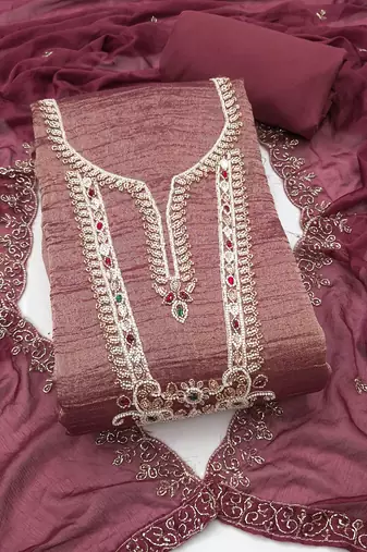 dusty rose unstitched thread work beads work with embroidered dupatta viscose salsa dress material