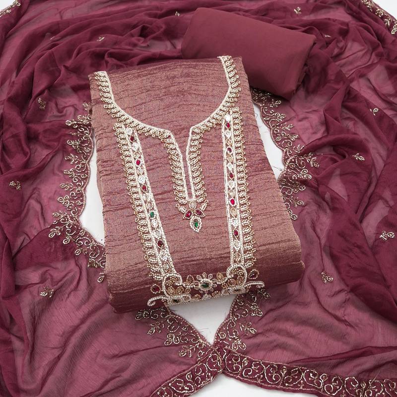 dusty rose unstitched thread work beads work with embroidered dupatta viscose salsa dress material