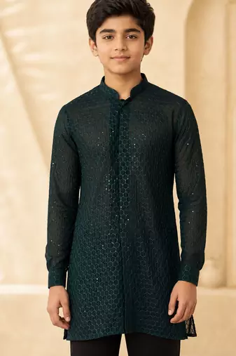 Boy's dark green georgette embroidered thaigh length kurta