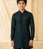 Boy's dark green georgette embroidered thaigh length kurta