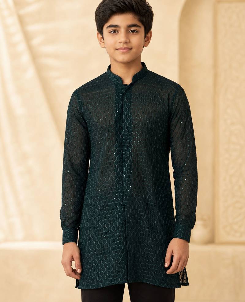 Boy's dark green georgette embroidered thaigh length kurta