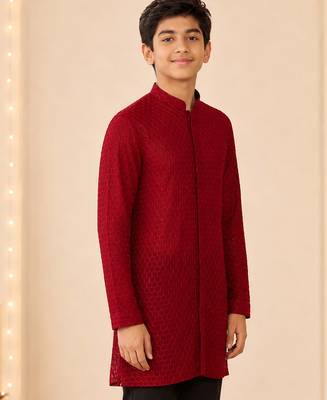Boy's maroon georgette embroidered thaigh length kurta 4