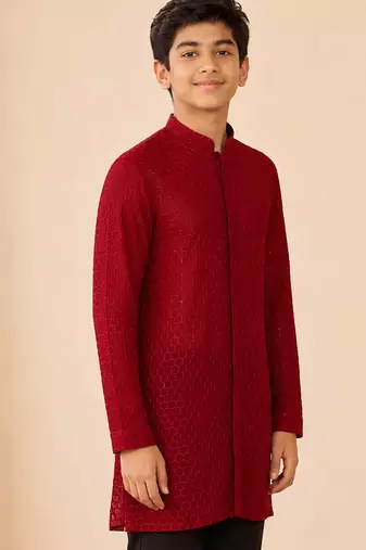 Boy's maroon georgette embroidered thaigh length kurta