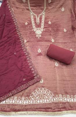 dusty rose unstitched thread work beads work with embroidered dupatta viscose salsa dress material 2
