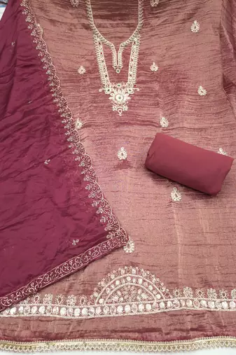 dusty rose unstitched thread work beads work with embroidered dupatta viscose salsa dress material