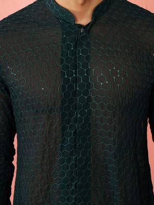 Boy's dark green georgette embroidered thaigh length kurta 2