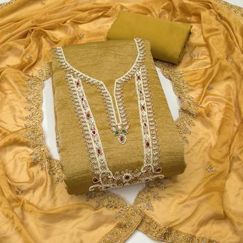 light yellow unstitched thread work beads work with embroidered dupatta viscose salsa dress material 1