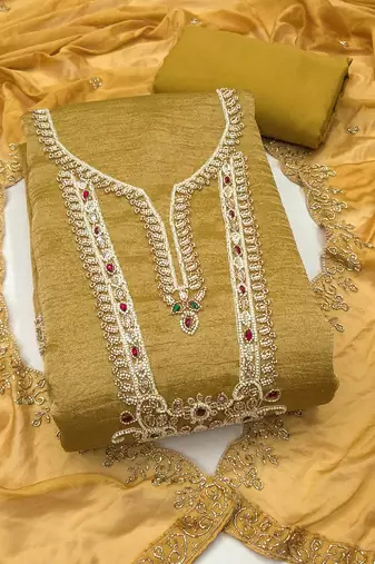 light yellow unstitched thread work beads work with embroidered dupatta viscose salsa dress material