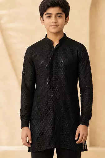 Boy's black georgette embroidered thaigh length kurta