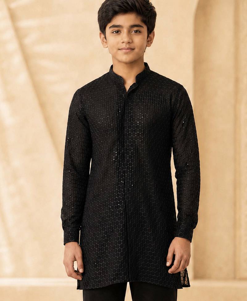 Boy's black georgette embroidered thaigh length kurta