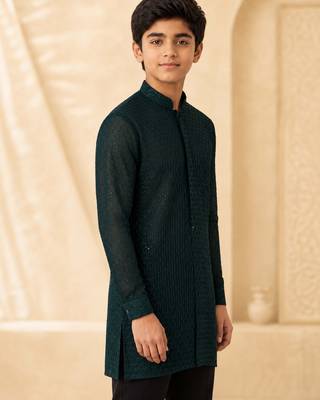 Boy's dark green georgette embroidered thaigh length kurta 3