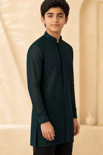 Boy's dark green georgette embroidered thaigh length kurta