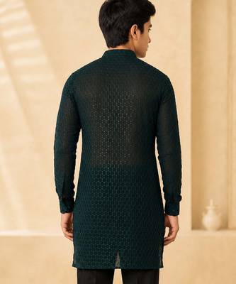 Boy's dark green georgette embroidered thaigh length kurta 4