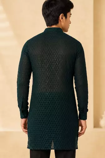 Boy's dark green georgette embroidered thaigh length kurta